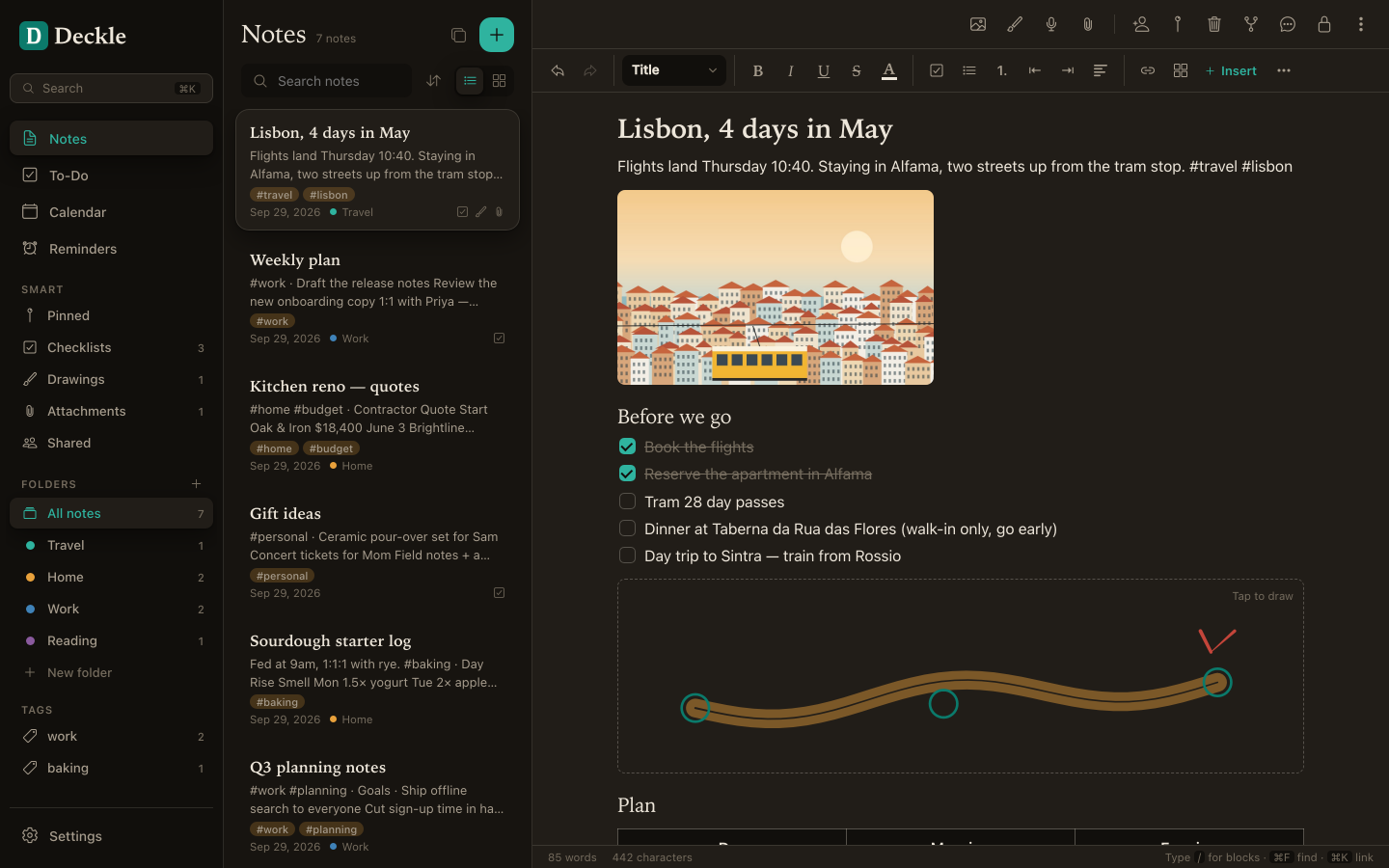 Paperstead's desktop layout in the opposite colour theme, with folders, tags and a note open.