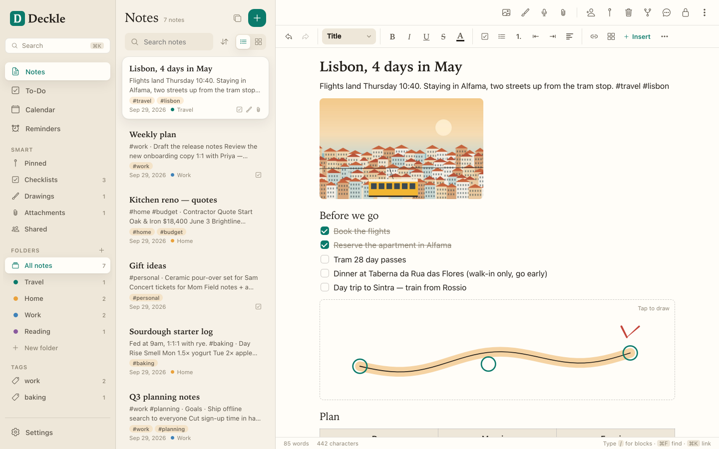 Paperstead on the desktop: a folder list, a list of notes, and a trip-planning note open with a checklist, a photo and a sketch.