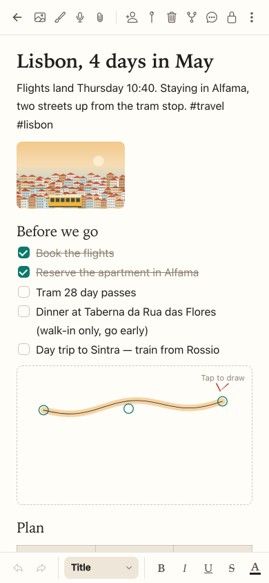 Paperstead on a phone, showing the same trip-planning note.